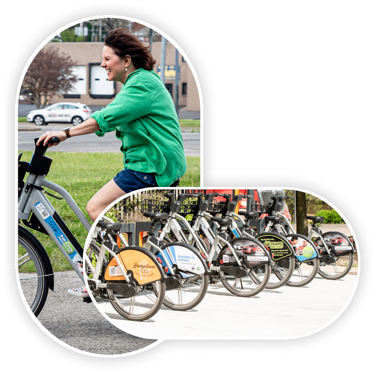 A caucasian woman in a green shirt riding a bike with joy overlapped by an image of e-bikes docked in an e-bike station