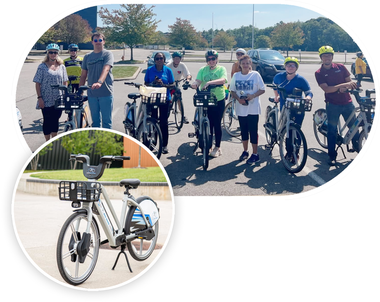 A group of cyclists preparing for a group ride on e-bikes overlapped by a stlyish photo of an e-bike