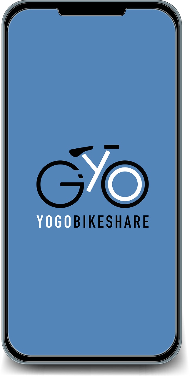 Smartphone with the YoGo Bikeshare logo in the middle of the screen.