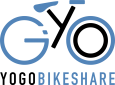 Black and blue line drawing of a bike over the words YOGOBOIKESHARE